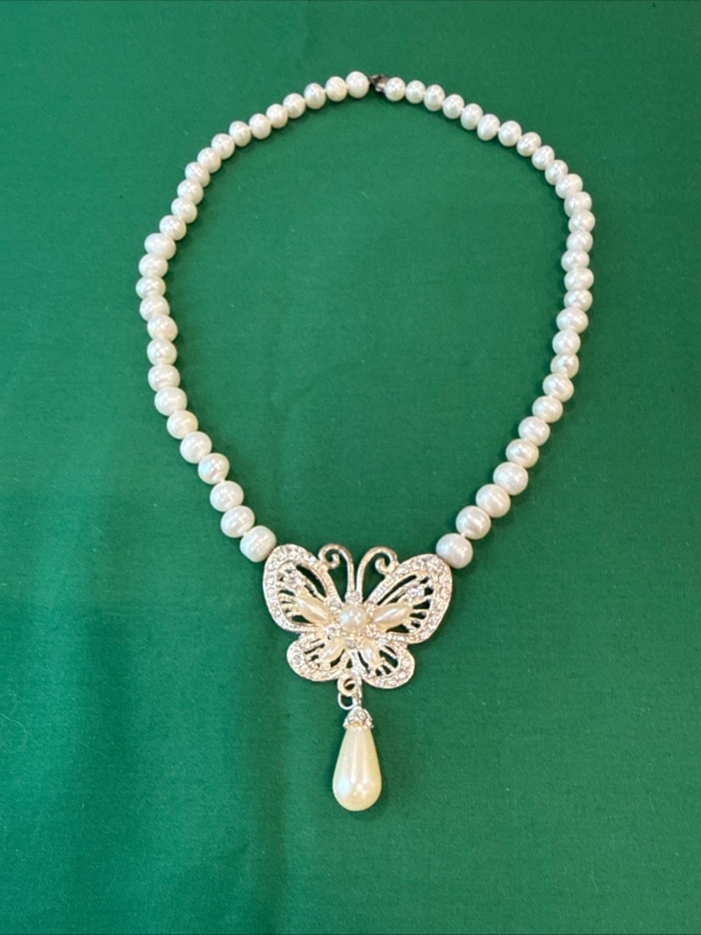 White Pearl Necklace with Crystal Butterfly Pendant and Teardrop Pearl